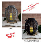 Große Solar Laterne in Rattan-Optik mit LED Kerze H: 45,5 cm GRAU