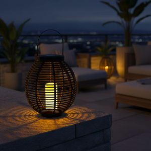 Große Solar Laterne in Rattan-Optik mit LED Kerze H: 45,5 cm ANTHRAZIT