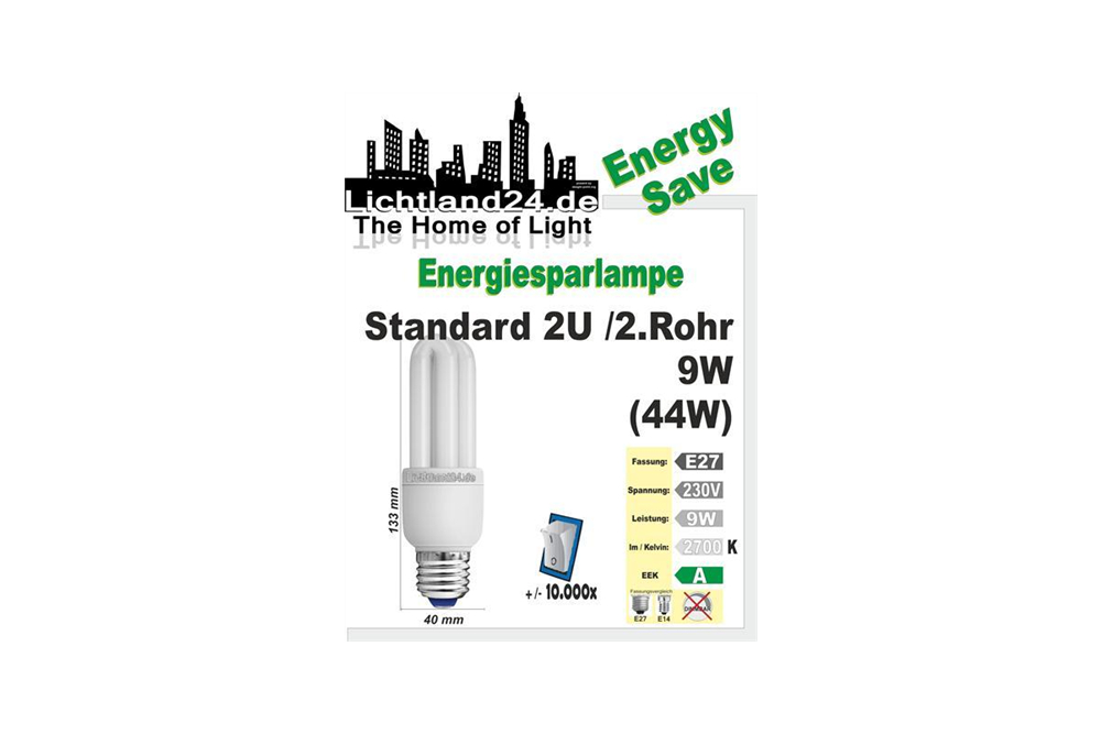 E27 - 2U Energiesparlampe Classic 2 Rohr - 9 Watt