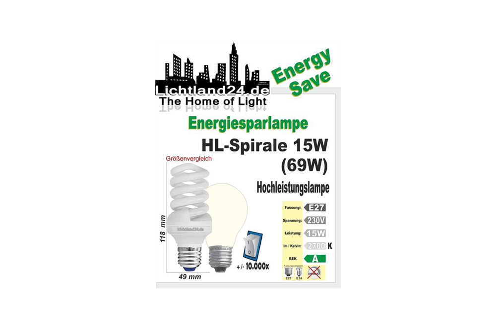 E27 - Hochleistungs-Spirale Energiesparlampe - 15 Watt HQ
