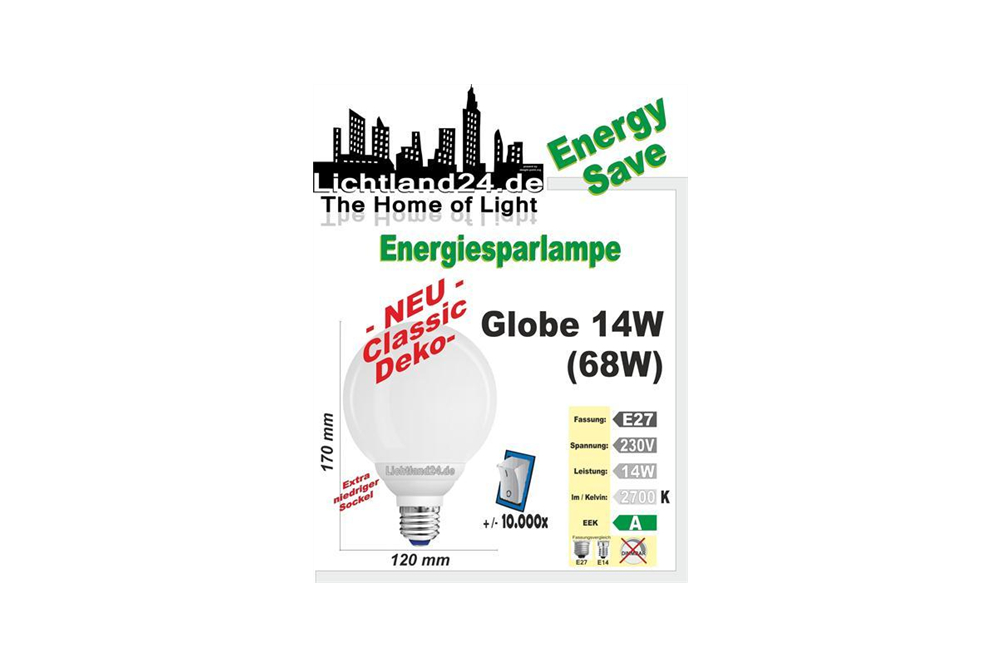 E27 - Qualitäts Classic KOMPAKT Globe Energiesparlampe - 14 Watt