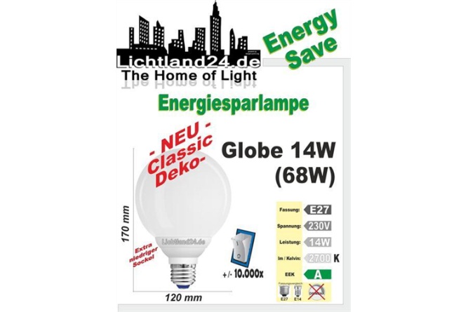 E27 - Qualitäts Classic KOMPAKT Globe Energiesparlampe - 14 Watt