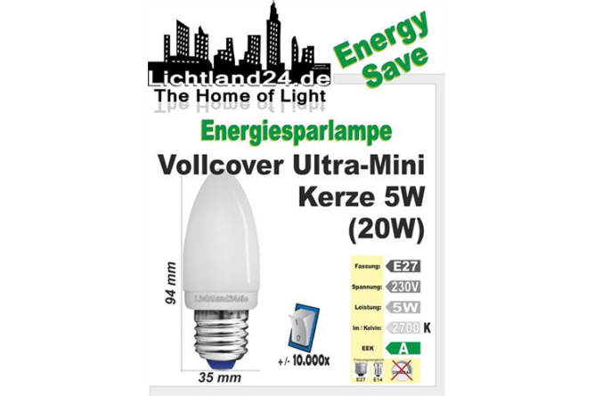 E27 - Ultra Mini Energiesparlampe Kerze - 5 Watt - Vollcover