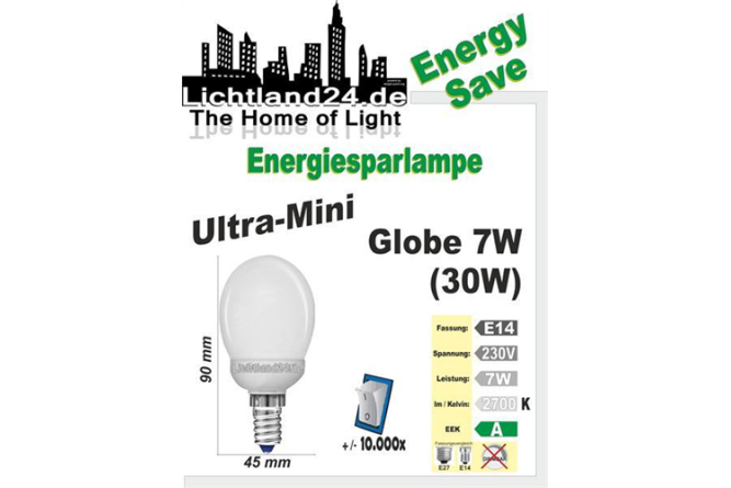 E14 - Ultra Mini Energiesparlampe Tropfen - 7 Watt -...