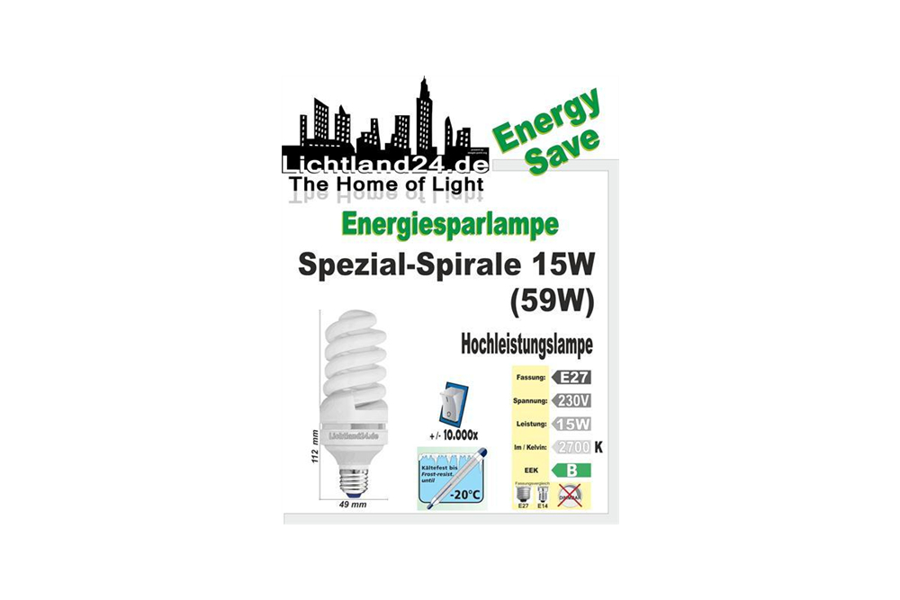 E27 - Hochleistungs-Spirale KÄLTEFEST - Energiesparlampe - 15 Watt HQ
