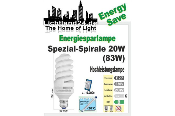 E27 - Hochleistungs-Spirale KÄLTEFEST - Energiesparlampe - 20 Watt HQ