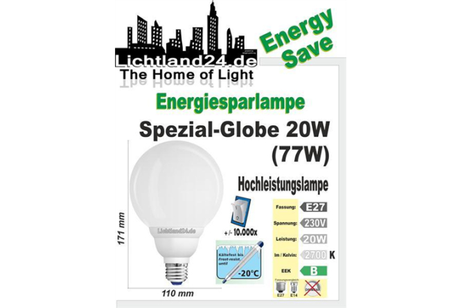 E27 - Hochleistungs-Globe KÄLTEFEST - Energiesparlampe - 20 Watt HQ