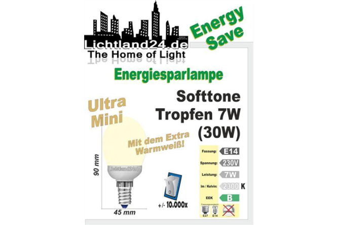 E14 - Ultra Mini Softtone Energiesparlampe Tropfenlampe - 7 Watt