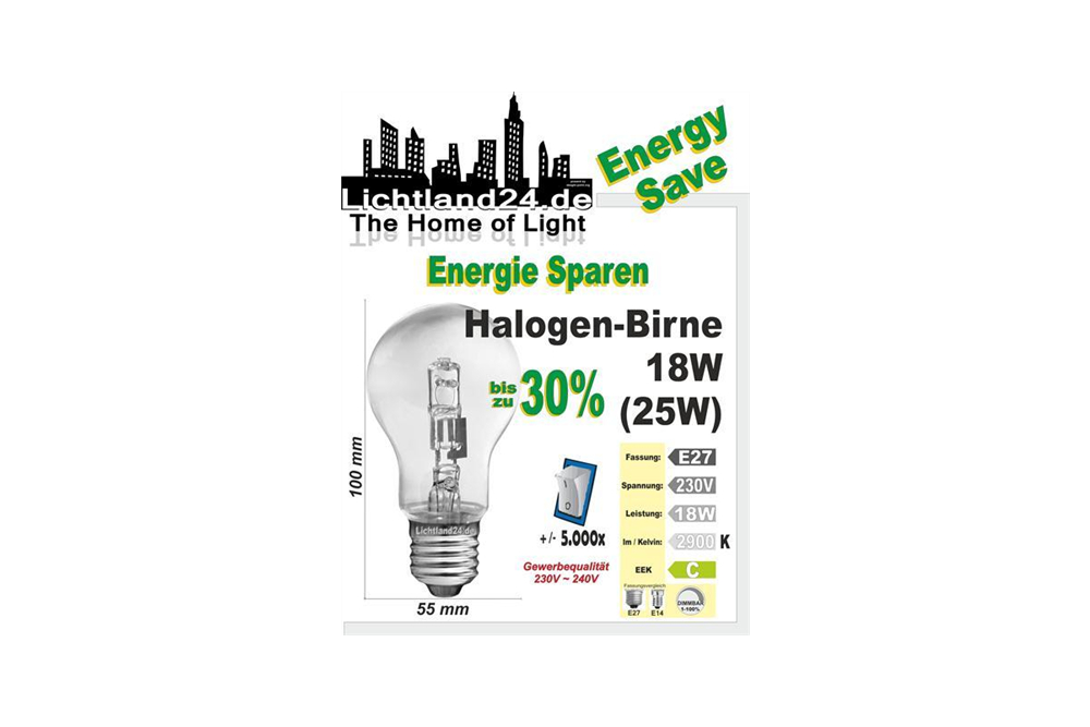 E27 - Halogen Energy Save Birne 20 Watt - wie herkömmliche Glühlampe Glühbirne