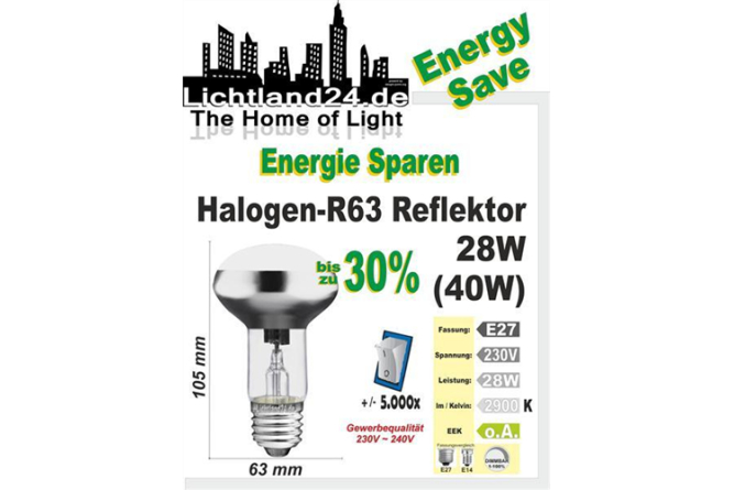 E27 - Halogen Energy Save R63 Reflektor 28 Watt - wie herkömmlicher Reflektor