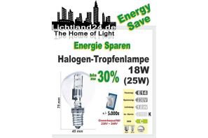 E14 - Halogen Energy Save Tropfenbirne 18 Watt - wie Glühlampen