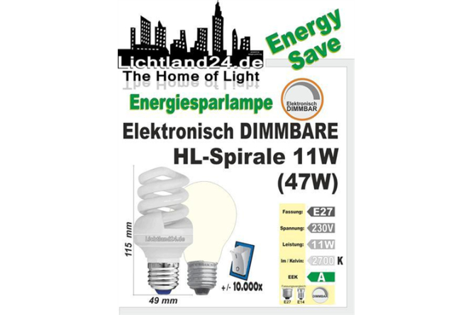 E27 - Elektronisch dimmbare Energiesparlampe Spirale 11 Watt