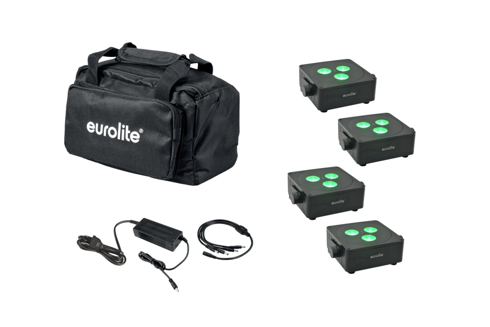 EUROLITE Set 4x AKKU IP Flat Light 3 sw + Ladenetzteil + Soft-Bag