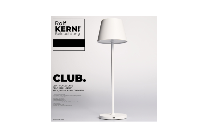 Design Akku LED-Tischleuchte CLUB by ROLF KERN 1,2W 38cm, weiß, dimmbar, IP54