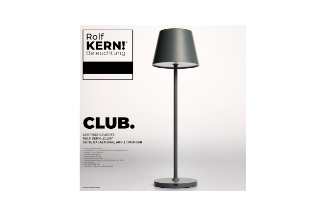 Design Akku LED-Tischleuchte CLUB by ROLF KERN 1,2W 38cm, basaltgrau, dimmbar, IP54