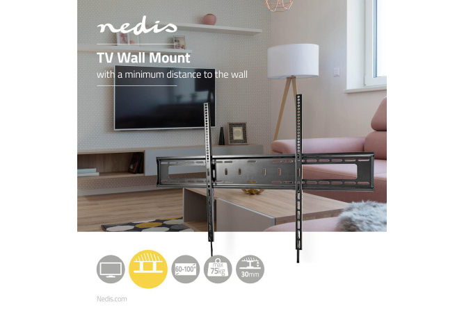 NEDIS feste TV-Wandhalterung 60"-100" Stahl schwarz bis 75KG