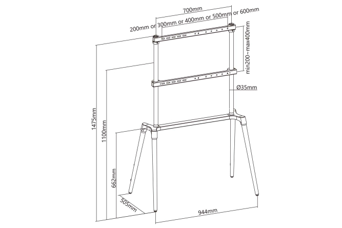 NEDIS 4.Bein Staffelei Design TV-Ständer 60"-75" Aluminium/Stahl schwarz bis 40KG