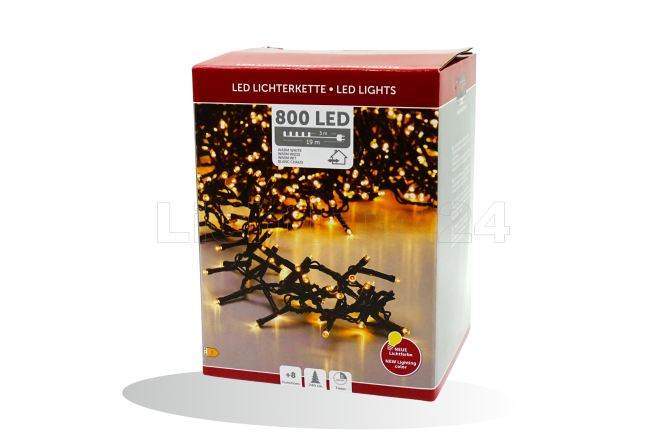 800er LED Cluster Lichterkette warmweiß 19m IP44 Timer 6/18 Std.