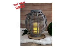 LED Solar Laterne Rattan-Optik mit Kerze H: 45,5 cm GRAU