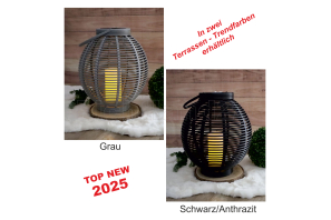 LED Solar Laterne Rattan-Optik mit Kerze H: 45,5 cm GRAU